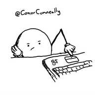 A round robot sitting at a desk pressing the left mouse button on a laptop with one of its thin, jointed arns. Its resting on its other hand, placed where its chin would be, and has a look of bored resignation on its face.