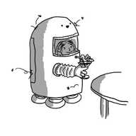 A robot shaped like a rounded cylindrical capsule with four sturdy legs on its base, standing by a circular table. A transparent window near its top shows a person within who is using two flexible arm covers to place the straw of a cocktail into a round access port below the window. Its face is just above the window, smiling cheerfully as a number of insects bounce off its surface.