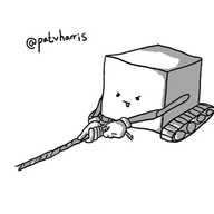 A cube-shaped robot with caterpillar tracks, tugging determinedly on a length of yarn.
