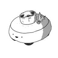 A low, cylindrical robot with a rounded edge and three wheels on its base. Resting on its flat top is a mince pie with a star-shaped lid, powdered with icing sugar and set off with a sprig of holly. The robot's cheerful face beams from the front of its body.