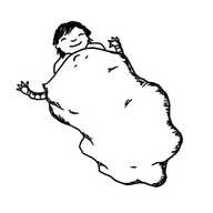 a person lying underneath a large, amorphous robot with small arms at the top. both robot and person are sleeping with contented smiles.