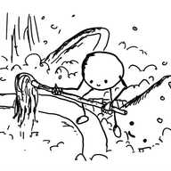 A small spherical robot with jointed arms and legs cheerfully wielding a tiny mop that it's using to wash a plate in a basin full of soapy water and cutlery. It's perched somewhat precariously with one foot on the plate and one on a bobbing, smiling Teabot, partially submerged.