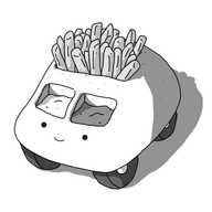 A wheeled robot shaped like a rounded wedge, with a large cavity in its top filled with chips, and two smaller cavities below it holding sauces. The robot's face is underneath these, smiling happily.