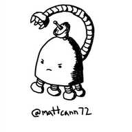 A dome-shaped robot with four stumpy legs and a little radar dish on its top. It has one long arm snaking from its back which is tipped with a clawed hand. Its expression is one of determined annoyance.