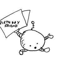 A round robot running and carrying a card with the words "BIRTHDAY FRIEND". Although we are grateful for its service, we feel it perhaps could have chosen a better birthday card.