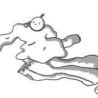 A rather sad-looking robot clambering out of the collar of a crumpled sweater, lying next to some jeans, underpants and socks.