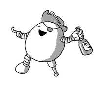 An ovoid robot with one wooden leg, a hook for one hand and a bottle of rum in the other, wearing an eye-patch and a tricorn hat, leaning back and laughing uproariously with its good eye closed.