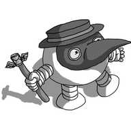 A spherical robot with banded arms and legs, dressed in the regalia of the apocryphal medieval plague doctor. It has a black, flat-topped hat, carries a staff capped with a winged hourglass and wears a large, black mask with a bird-like beak and lenses over its eyes.