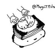 a pair of human hands depositing a sleeping, stripy cat atop a flat platform that is being raised on a bellows-like extender, emerging from the top of a wide,  low rounded robot with four small wheels and a happy face