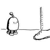 A little round-topped robot with four little legs, a small antenna and a sad face stands in front of someone.