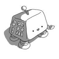 A grinning, trapezoid robot with four banded legs on the underside and a zigzag antenna. There are various dials, gauges and meters on one side and a strip of paper being extruded on the other.