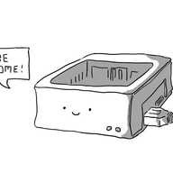 A Raspberry Pi in a rounded, open-topped case with a USB in one side and a smiling face on the front - based on the actual set-up for the @smolbotbot account. A speech bubble coming from it reads "YOU'RE WELCOME!"