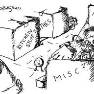 A storage room filled with many boxes, most of them sealed, one open and stuffed with random objects like a lamp, a cheese grater and a teddy bear, each labelled with unhelpful things like 'KITCHEN STUFF 3', 'HATS' and 'MISC?'. There's also a dirty lawnmower at one end. In the midst of it all stands a small, round robot rubbing its chin with a thoughtful expression.