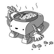 A robot shaped like a rounded cuboid with four banded legs on its underside and two banded arms on either long side. Its face is on the front curved surface, smiling happily, and it has an integrated pan on its top in which it's cooking an omelette using a spatula. A couple of broken egg shells are on the floor beside it.