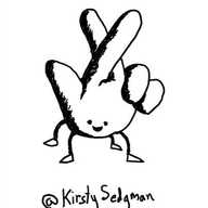 a robot with a body shaped like a big hand with its middle and index fingers crossed. it has four spindly legs where the wrist would be and its happily smiling face is on the palm.