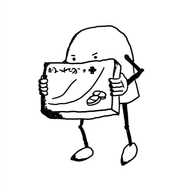 A bell-shaped robot with slim, jointed arms and legs holding a packet of tablets in both hands and frowning at it.