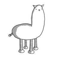 A robot alpaca. It has no nose and its tongue is sticking out.