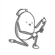 A bean-shaped robot with jointed arms and legs, kneeling down and tying a complicated knot in a length of rope. Its tongue is sticking out in concentration, and it weaed a little sailors' hat with an anchor on the front.