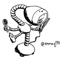 A robot with a salon-style blow dryer for a head, with its cheerful face on the front. A banded neck snakes down from behind to connect to an ovoid body which has four arms extending from it, with hands holding a hairbrush, hairspray and straighteners (the fourth hand is hidden by its head). Another banded connector joins its body to a low, rounded section on the ground which has four little wheels.