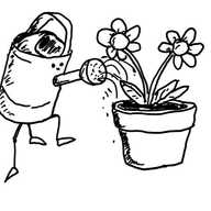 A four-legged robot shaped like a watering can, watering a pot containing two flowers. It wears a contented expression.