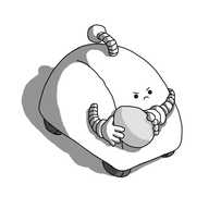 A semi-cylindrical shaped robot with wheels on its underside, two banded arms and an antenna. It's angrily snatching away an egg.