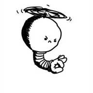 A spherical robot with a propeller on its top and a single flexible, banded arm on its underside ending in a hand that's poised about to flick something. The robot has an angry expression on its face.