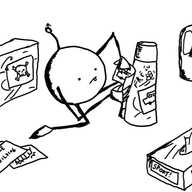 A round robot with slim, jointed limbs and an antenna tipped with a 'male' symbol kneeling beside a can of air freshener and applying a sticker of a picture of a car to it. It already has another similar sticker attached. Around the robot are cleaning products and tissues that have stickers saying things like 'SPORT!', 'MMA!' and 'PROTEIN' or skulls and knives on them.