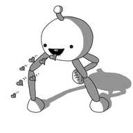 A spherical robot with three long, jointed legs and a little antenna. It's walking along, its smiling face angled slightly downwards, with little pink hearts emerging from its mouth, streaming out towards the ground.