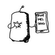 a robot shaped like a rounded cylinder with small wheels at the bottom and a zig-zagging antenna on top with one hand pressed against its face that has scrunched-up eyes and a sad mouth. in its other hand it holds a smartphone with the phrase 'TRUMP DOES THING' on the screen.