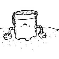 A happy robot castle-shaped bucket filled with sand on a beach. It's upside-down, with its hands pressed on the ground, about to flip itself over to make a sand castle.