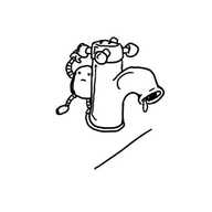 A small robot standing by a tap with a drop of water hanging from the spout, reaching up to turn the head.