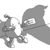 A round-topped robot with banded arms and legs and an antenna, creeping across a room with a worried expression on its face. It's holding an envelope with "RECOUNT RESULTS" written on it, while a long shadow the shape of a bulky, hunched figure with a weird, protruding quiff is cast on the wall behind it.