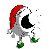 A round robot with two jointed legs, wearing a red Santa hat and green elf shoes with little golden bells on the ends. It has a very wide, open mouth and it angrily shouting.