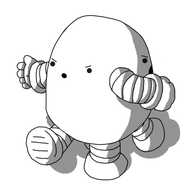 A round-topped robot with four legs and two arms. It has a face on either side of its body, and its arms face different directions. Its feet are trying to walk opposite ways, and both faces look very annoyed.