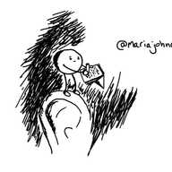 A spherical robot with slim arms and legs, perched atop someone's ear and writing in a little notebook as it frowns slightly at their head.