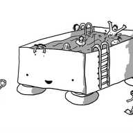 A robot in the form of a large, rectangular container filled with water. It has four stubby, banded legs on its underside and two ladders on opposite sides allowing access to the pool. Adults and children - and Bobbot - are playing in the pool. A baby is floating in the Swimbots rubber ring. A child wearing snorkel and flippers is running towards the near ladder on the ground and another holds up a beach ball.