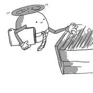 A spherical robot held aloft by a propeller on its top, with jointed arms and a shirt collar around its neck/waist from which a striped tie is suspended. It has a file tucked under one arm while its free hand rifles through an open file cabinet drawer.