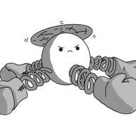 An angry, spherical robot held aloft by a propeller on its top, with four spring-mounted boxing gloves on each of its sides.